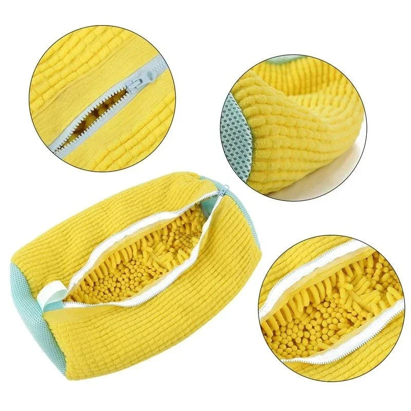 Yellow mesh shoe washing bag details: zipper, mesh end and fluffy fiber lining