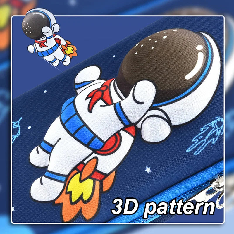 Close-up of 3D astronaut pattern on navy kawaii pencil case