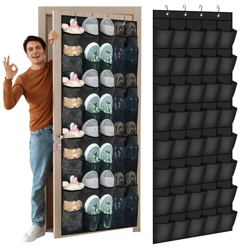 Wall mounted shoe organizer hanging over a door, full of shoes