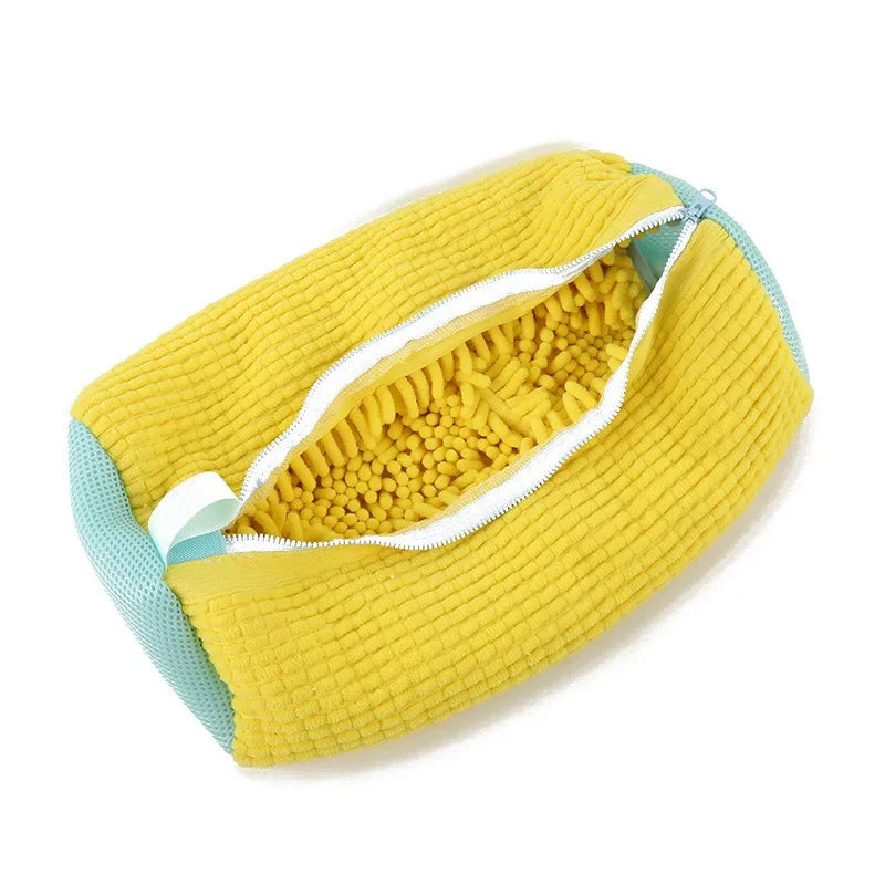 Yellow mesh laundry bag for shoes with fluffy chenille fibers, single pack