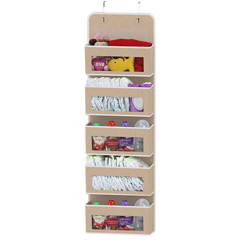 Beige 6-shelf hanging closet organizer with clear-view pockets on a white background