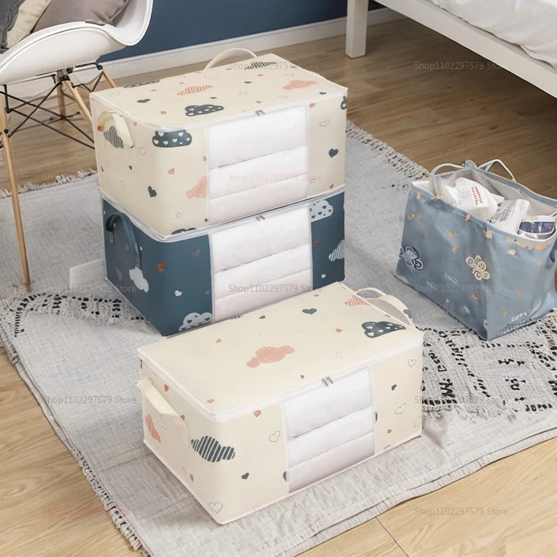 Stacked beige and blue storage tote bags in bedroom