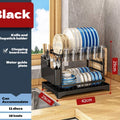 Black 2-tier dish drying rack with knife holder, chopping board rack and water guide plate