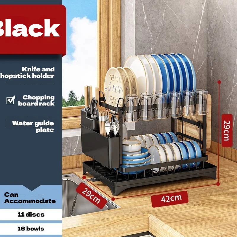 Black 2-tier dish drying rack with knife holder, chopping board rack and water guide plate