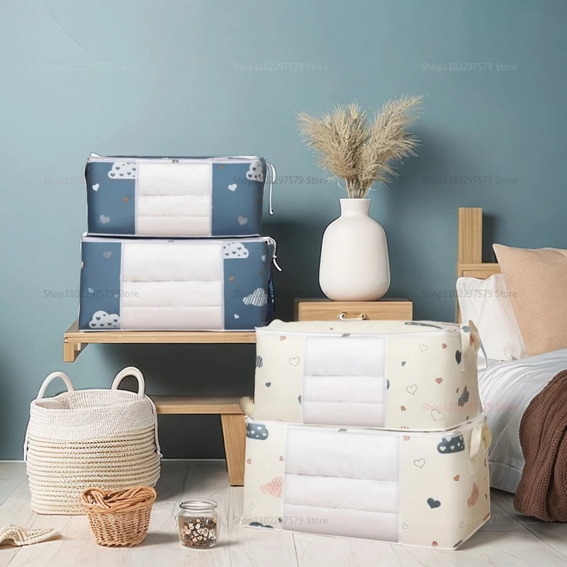 Storage tote bags styled in modern bedroom