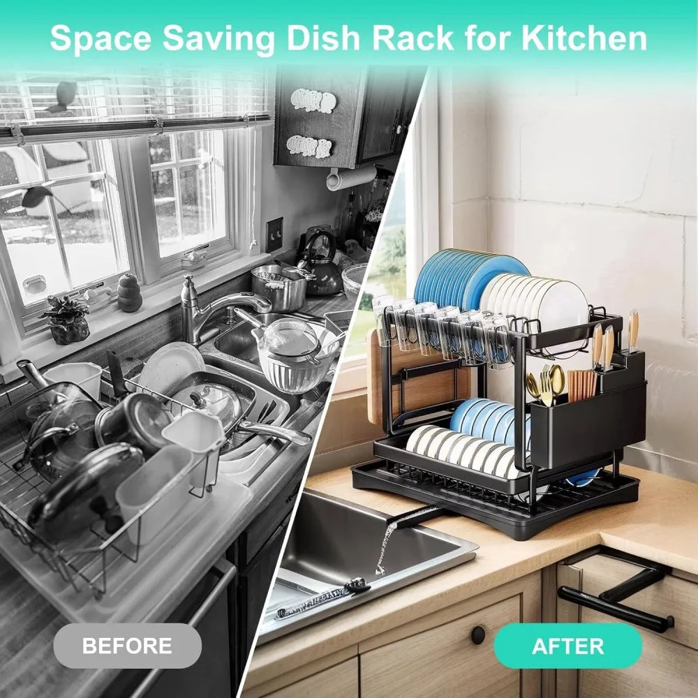 Before and after: cluttered sink versus organized 2-tier dish drying rack