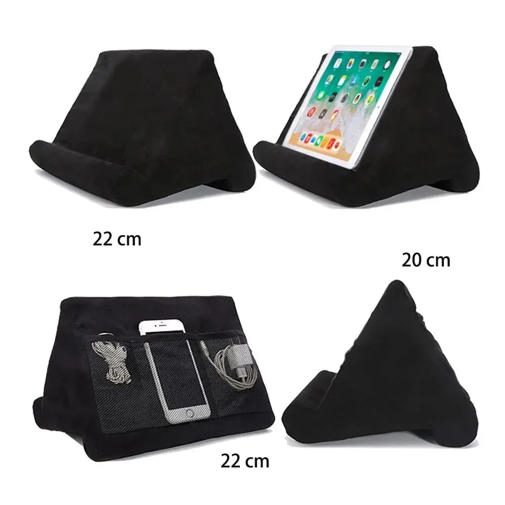 Tablet pillow stand black size detail and side pocket view