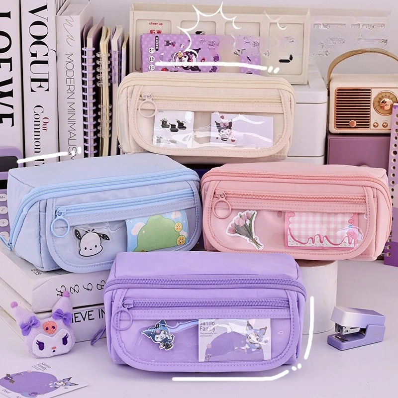 Beige blue pink and purple large pencil cases with zipper, color lineup
