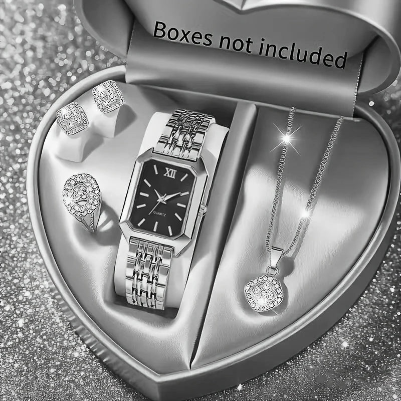 Rhinestone watch set women – silver set black dial