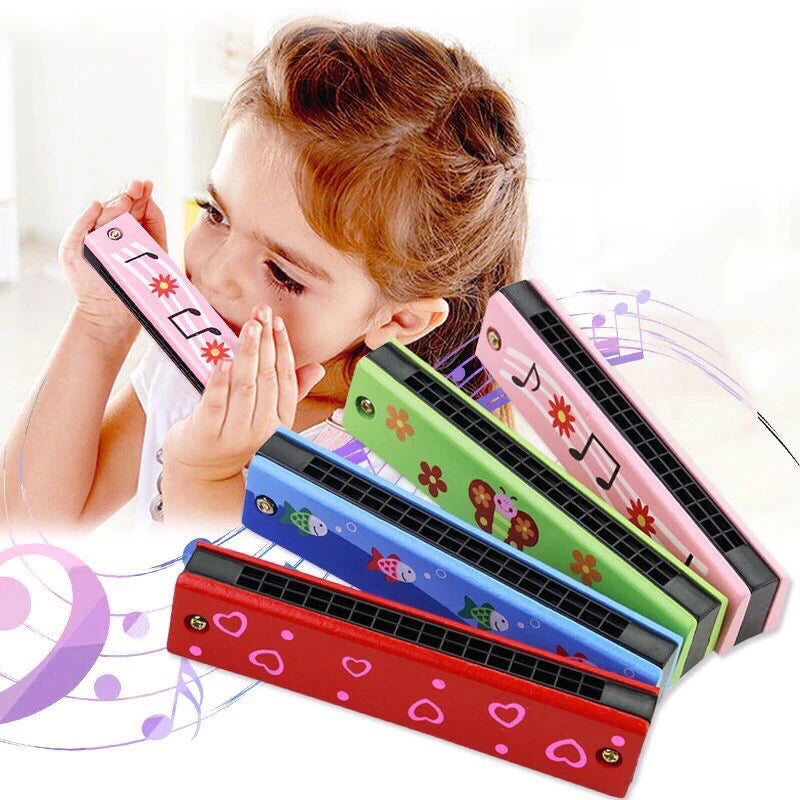 Wooden harmonica kids — child playing cartoon harmonica