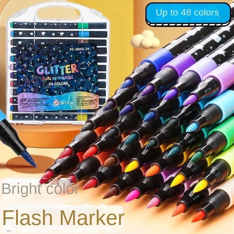 Glitter dual tip art markers set with carry case, up to 48 colors