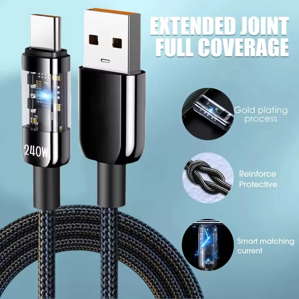 240W USB C fast charging cable extended joint full coverage connectors