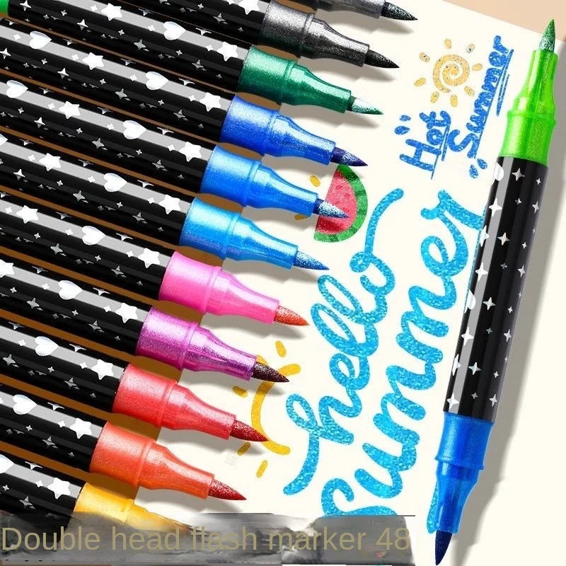 Dual tip glitter markers brush tips close-up with hand lettering
