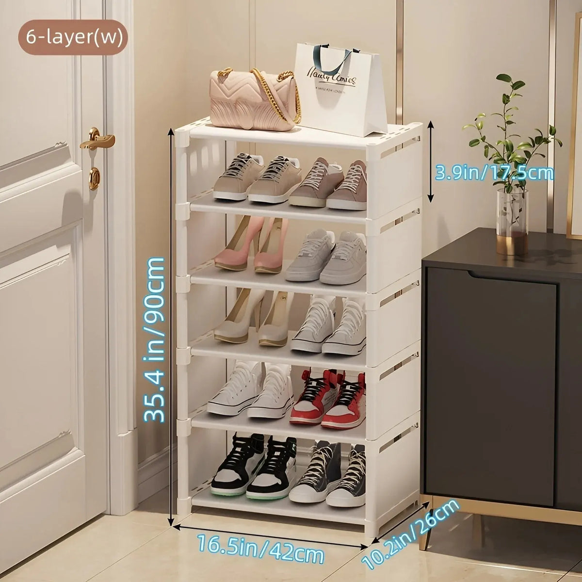 6-layer metal shoe rack organizer, 90cm tall, with dimension guide