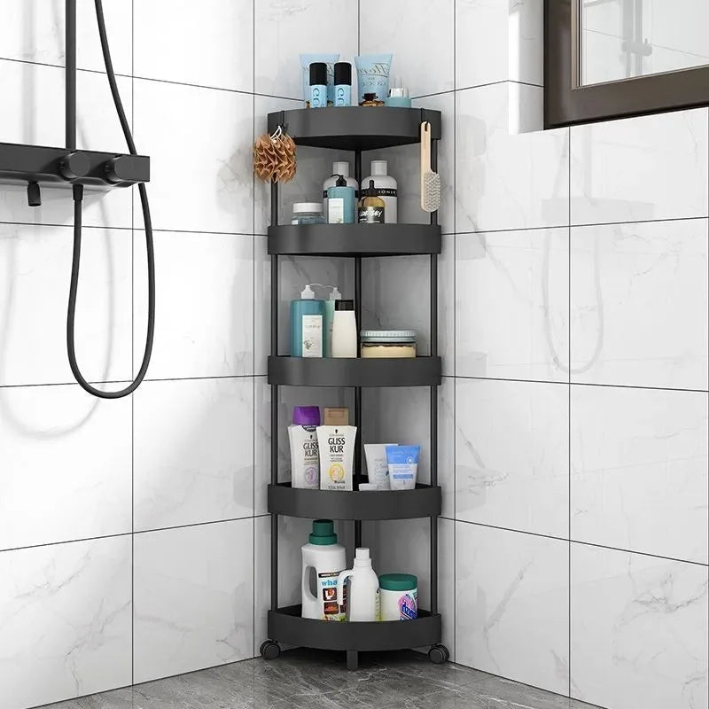 Black 5-tier corner rolling storage cart beside a shower holding bath products