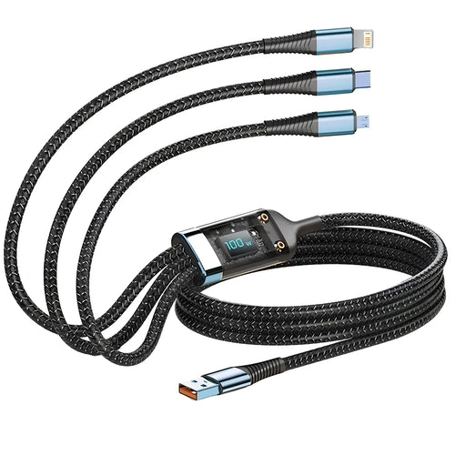 100W multi charging cable with Type-C, Lightning and Micro connectors