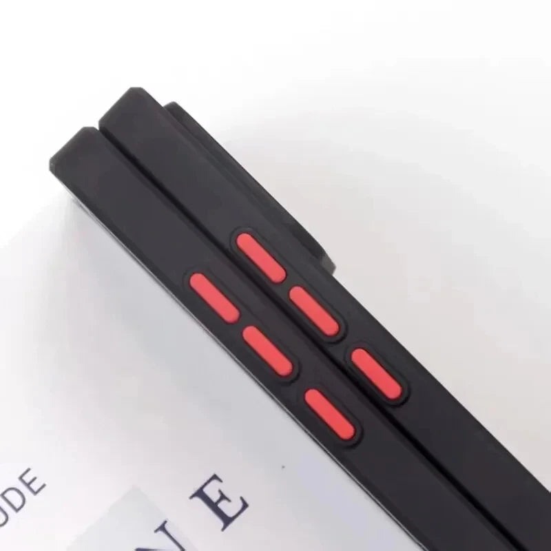 MagSafe phone case matte armor side buttons closeup red accents