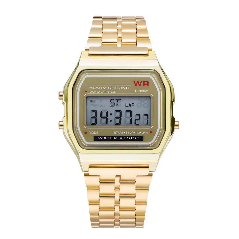 F91W digital sports watch with stainless steel band - front view