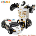 Gray transforming robot car toy held in hand, car and robot modes