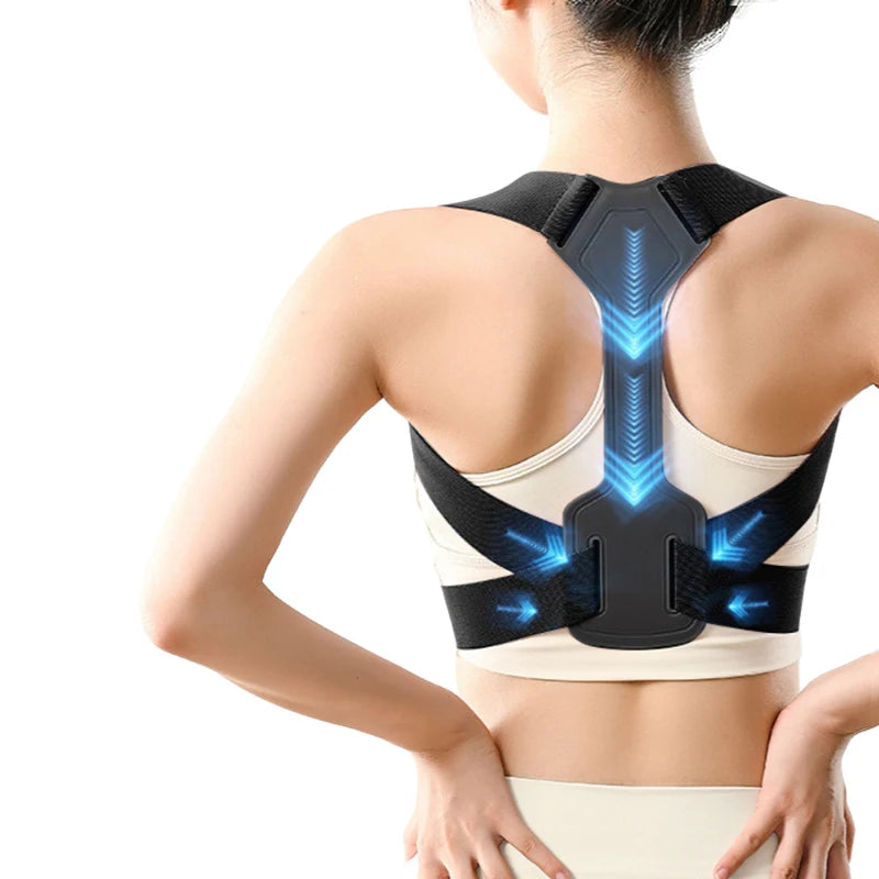 Black posture corrector back brace worn, rear view