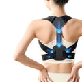 Black posture corrector back brace worn, rear view