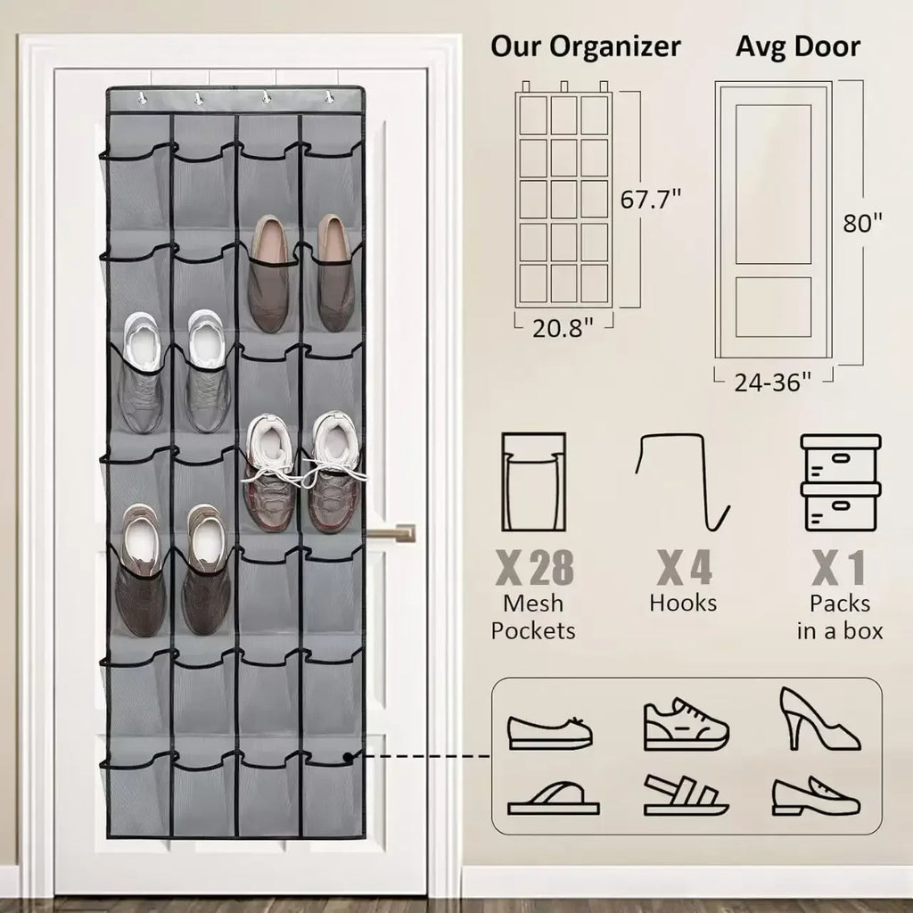 Wall mounted shoe organizer size chart with mesh pockets and hooks