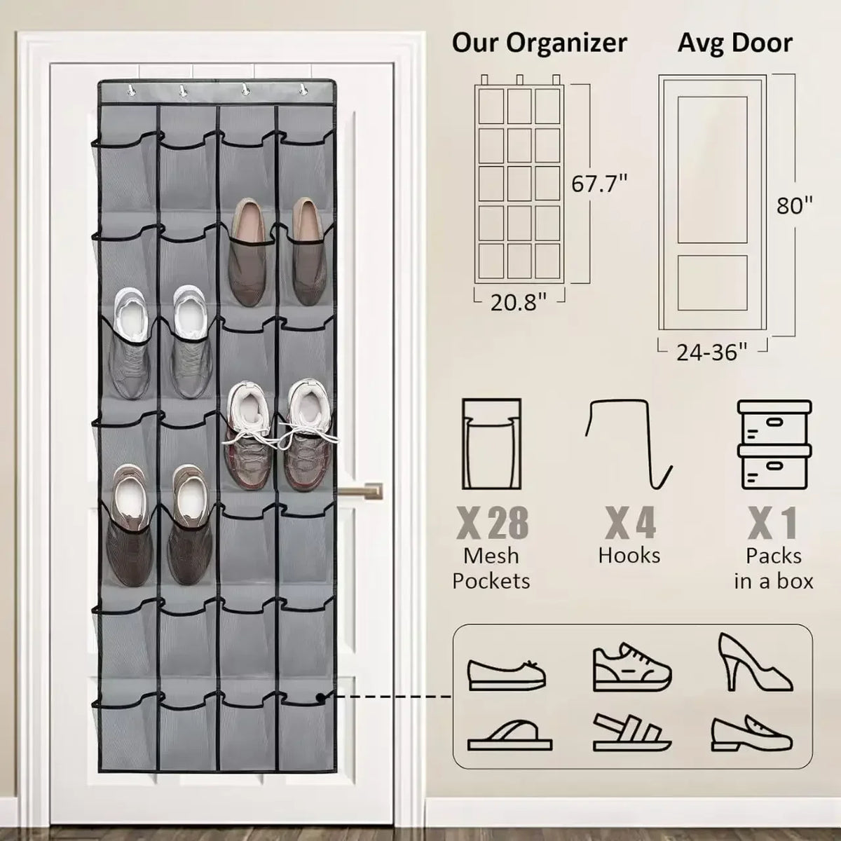 Wall mounted shoe organizer size chart with mesh pockets and hooks