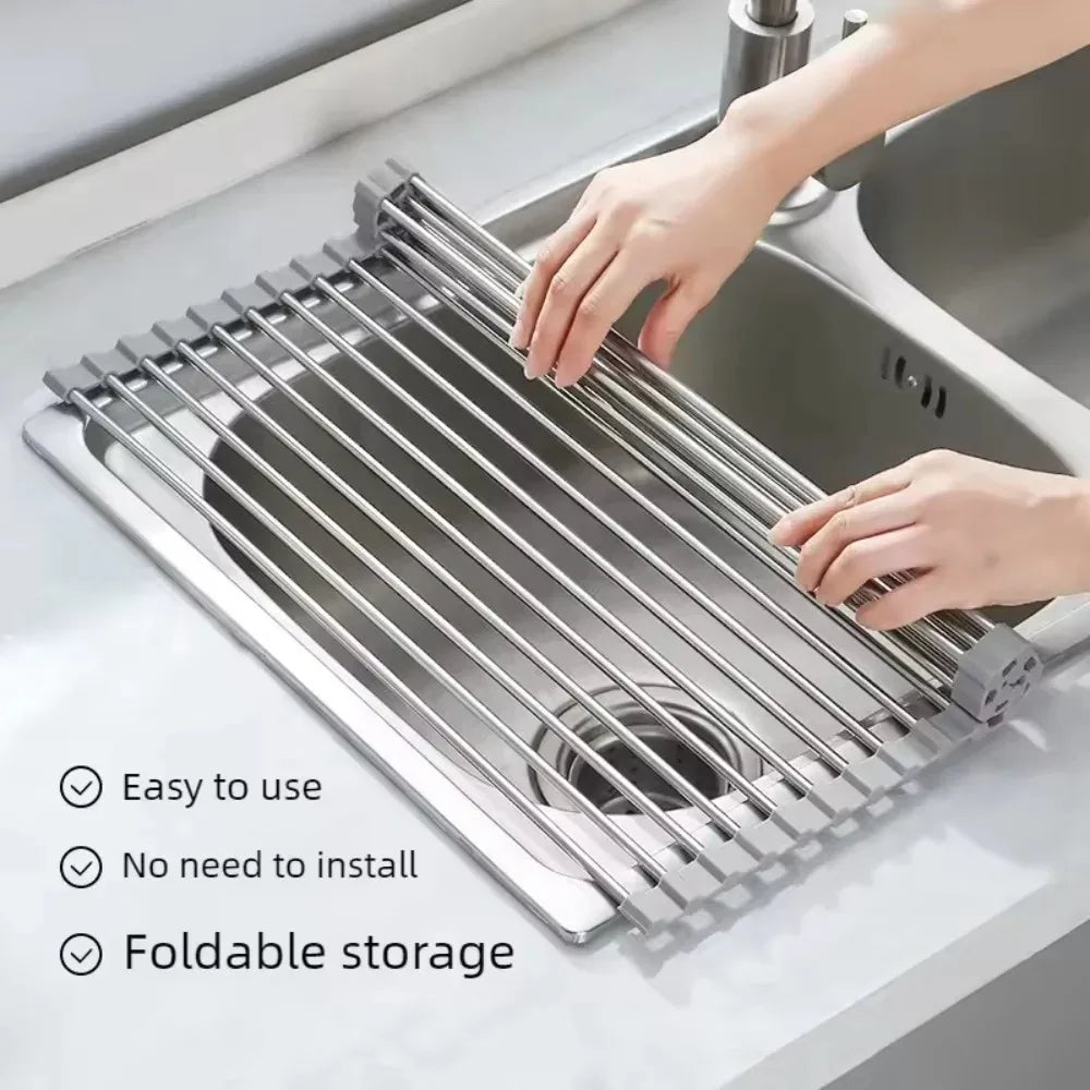 Roll up dish drying rack unfolded over a kitchen sink, easy to use