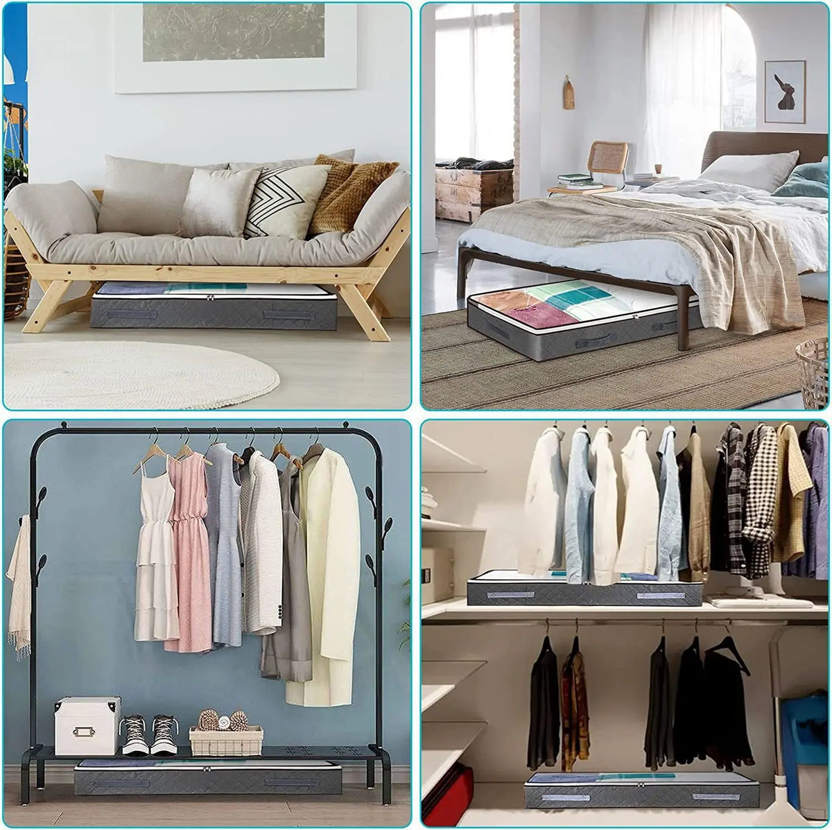 Under bed storage bag lifestyle collage in bedroom and closet