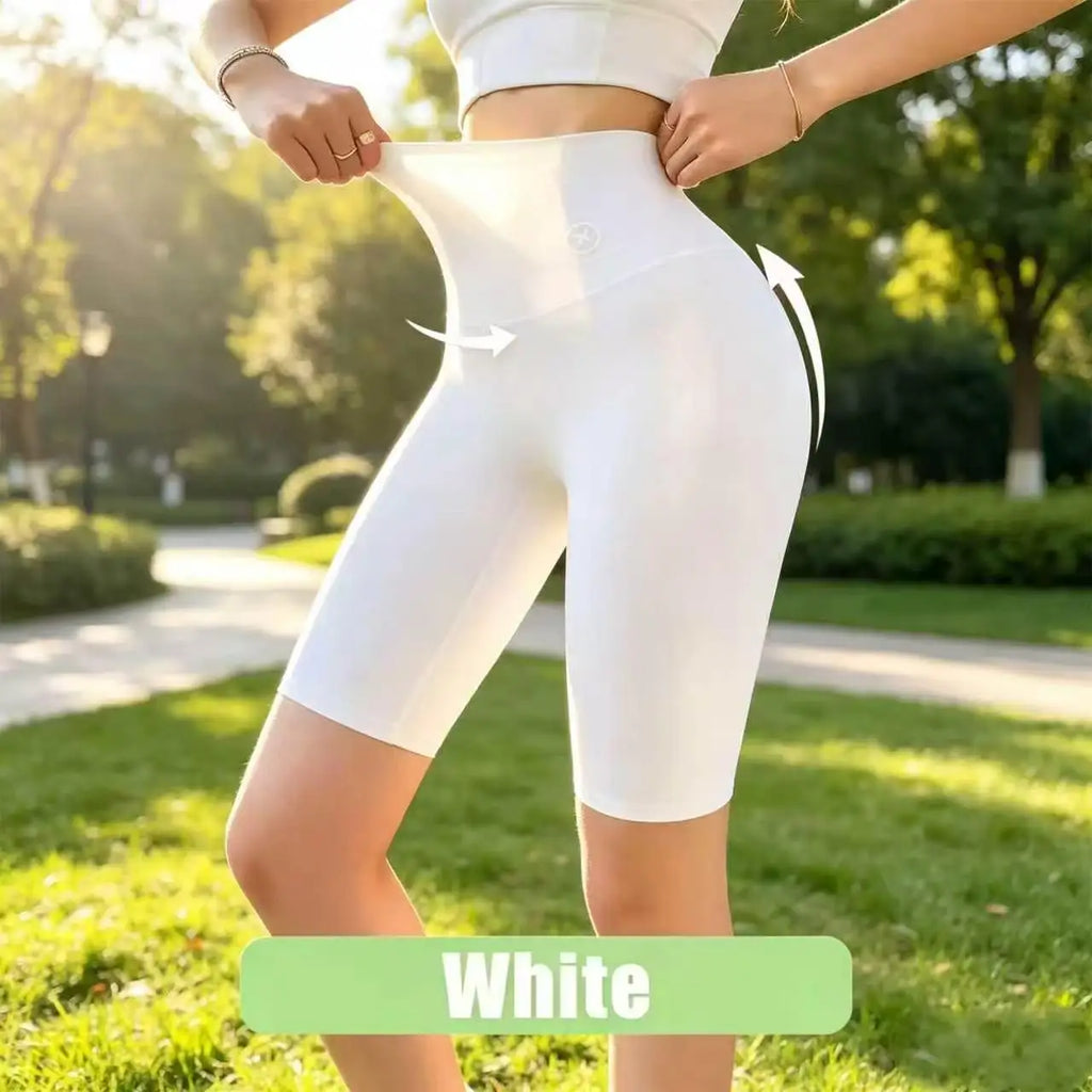 White womens running shorts, waistband stretch detail