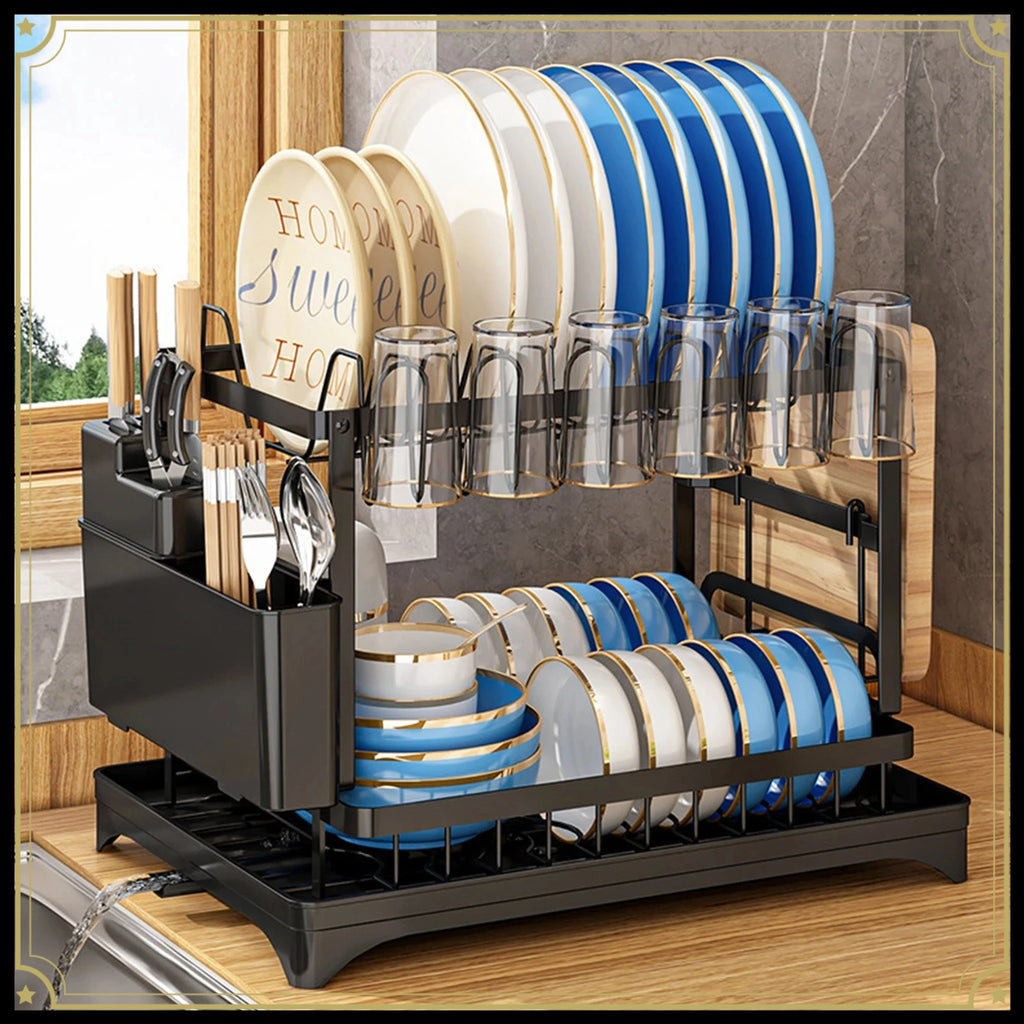 Black 2-tier stainless steel dish drying rack with plates, bowls, cups and utensils