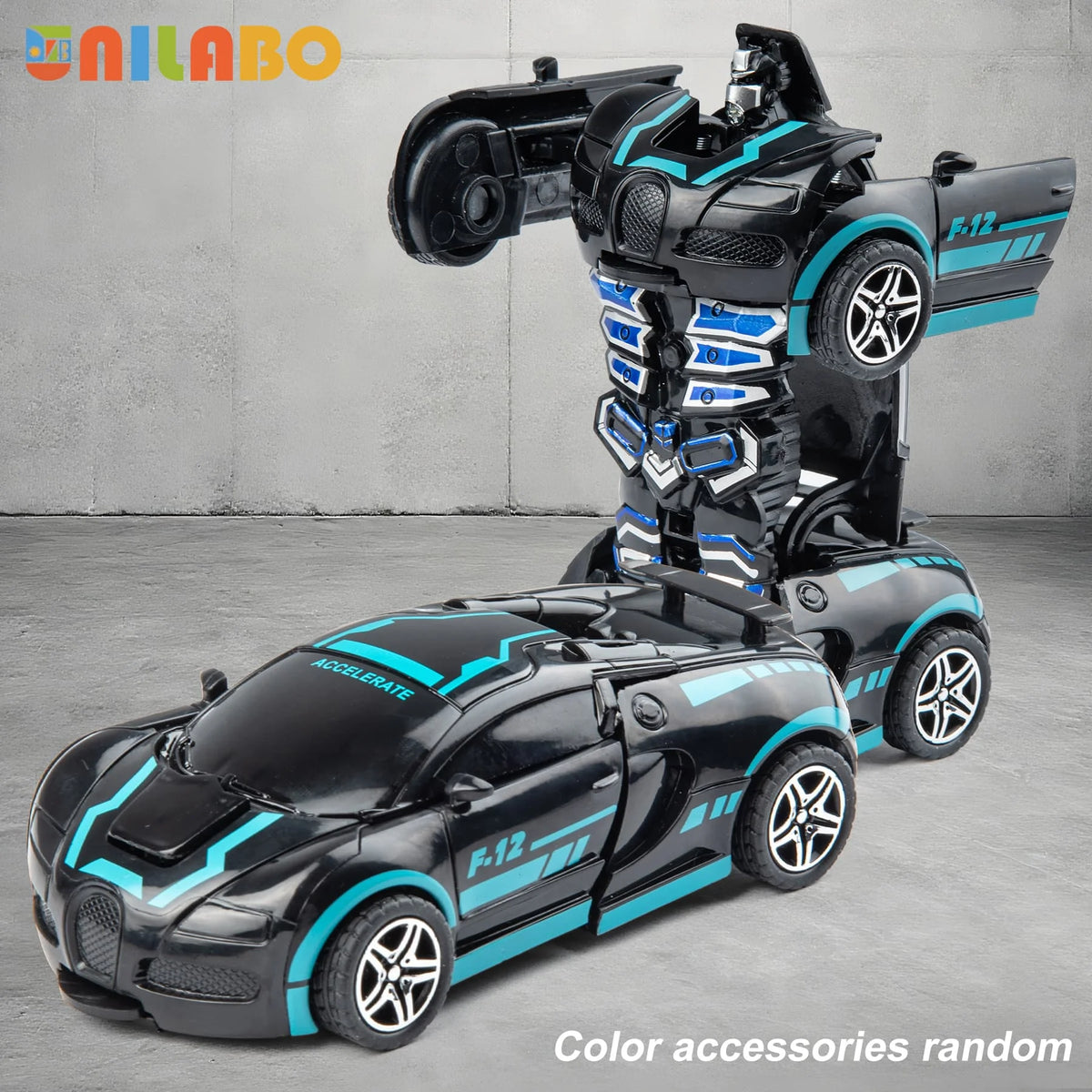 Transforming robot car toy in robot and car modes, black and blue