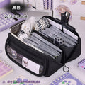 Black large pencil case with zipper open showing pens