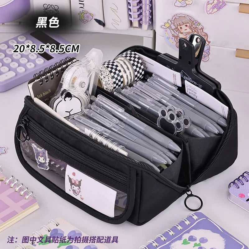 Black large pencil case with zipper open showing pens