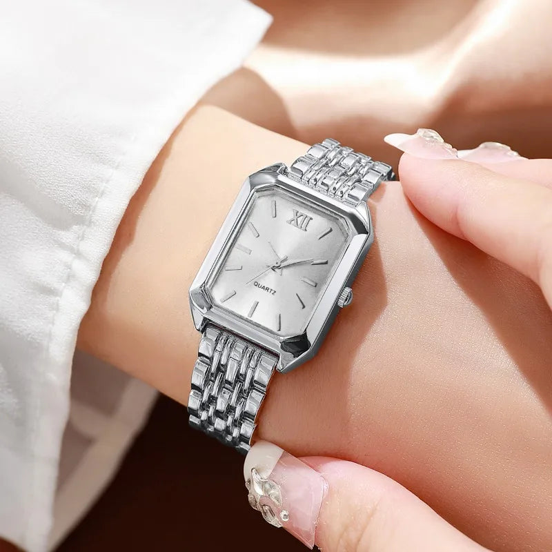 Rhinestone watch set women wrist shot – silver elegant quartz