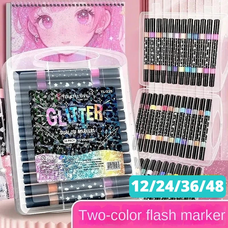 Dual tip glitter art markers set in packaging, 12/24/36/48 pcs