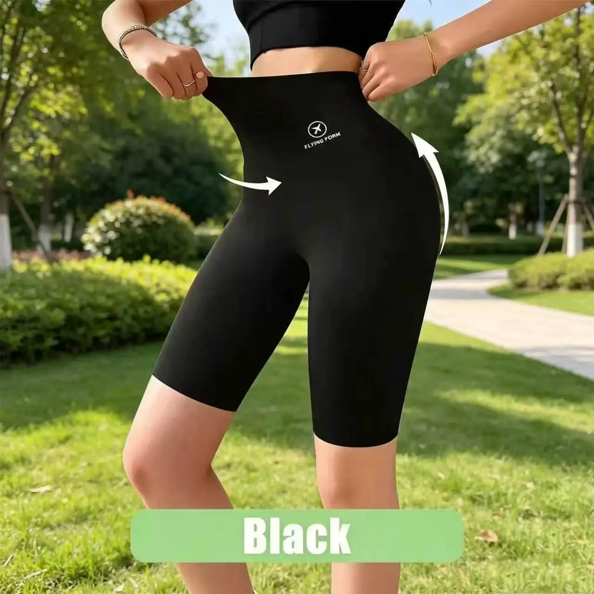 Black womens high-waist running shorts, waistband detail