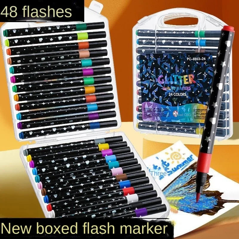 48 pcs dual tip glitter art markers boxed set
