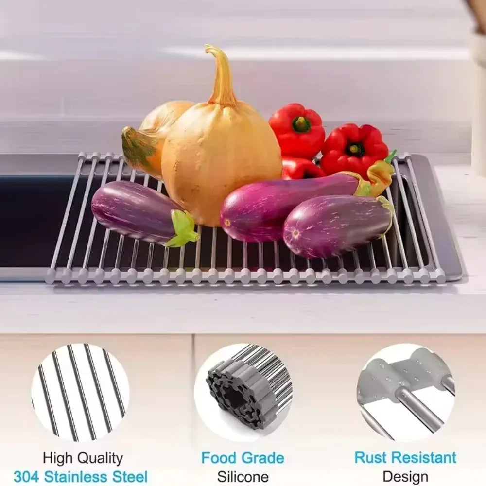 Roll up dish drying rack with vegetables, stainless steel feature callouts